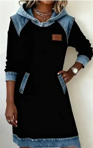 Denim Color Matching Ladies Hoodie Skirt - Black