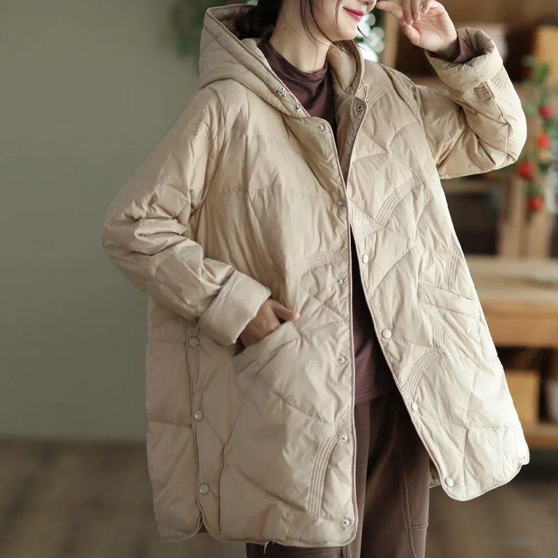 Women's Warm Single breasted White Duck Down Jacket Khaki - Shop at LoveMi