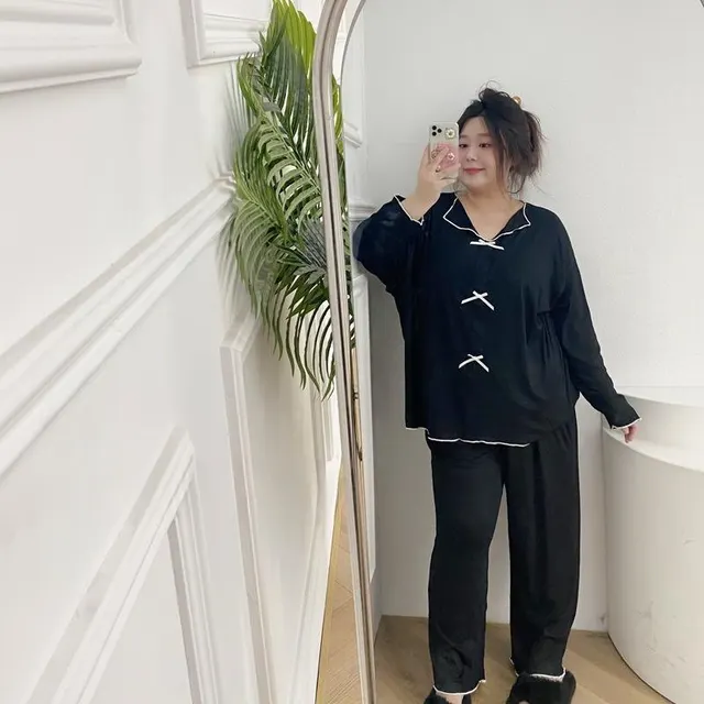 Long Sleeve V neck Homewear Pajamas Two piece Set Black - Shop at LoveMi