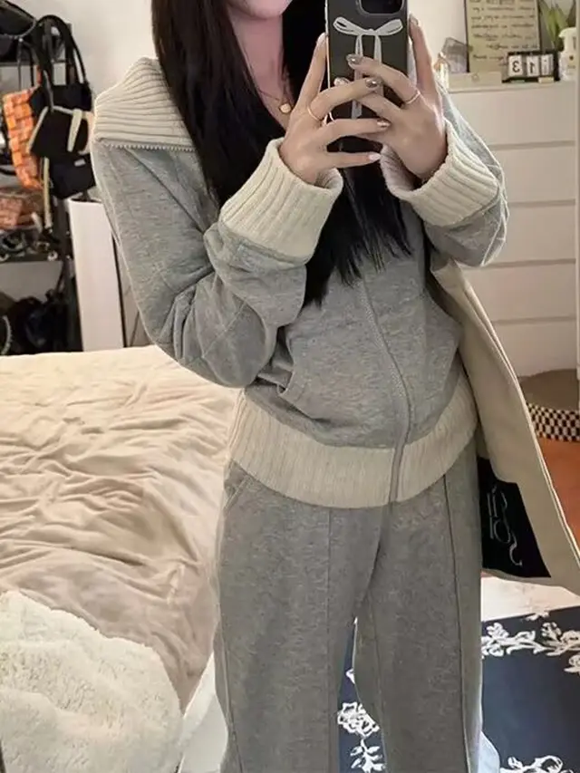 Version Of Chanel's Style Casual Multicolor Coat Wide Leg Trousers Two piece Set Light Gray - Shop at LoveMi