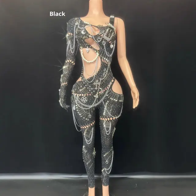 Women's Simple Sexy Cutout Pearl Chain Jumpsuit Black - Shop at LoveMi