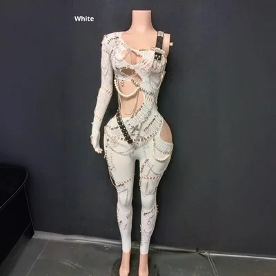 Women's Simple Sexy Cutout Pearl Chain Jumpsuit White - Shop at LoveMi