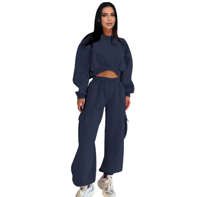 European And American Autumn New Round Neck High Waist Sweater Pocket Loose Sweatpants Suit Dark Blue - Shop at LoveMi