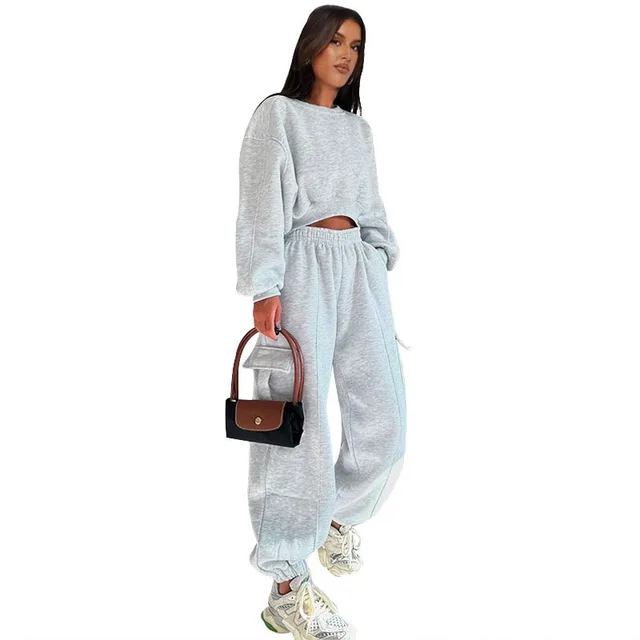 European And American Autumn New Round Neck High Waist Sweater Pocket Loose Sweatpants Suit Flower Gray - Shop at LoveMi