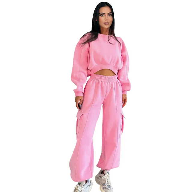 European And American Autumn New Round Neck High Waist Sweater Pocket Loose Sweatpants Suit Pink - Shop at LoveMi