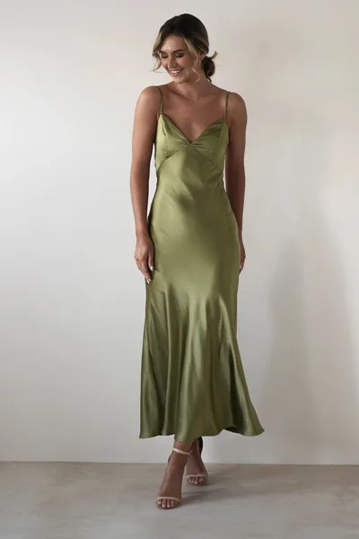 Strap Satin Fashion Backless Lace up Waist controlled Dress Olive Khaki - Shop at LoveMi