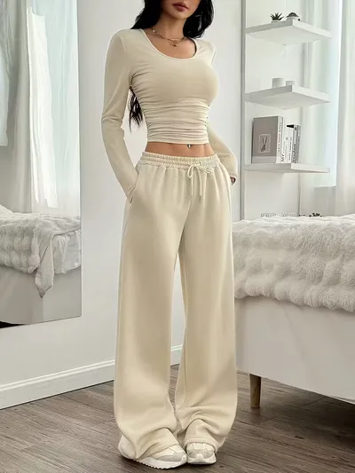 European And American Women's New Long Sleeve Solid Color Vest Pants Suit Beige - Shop at LoveMi