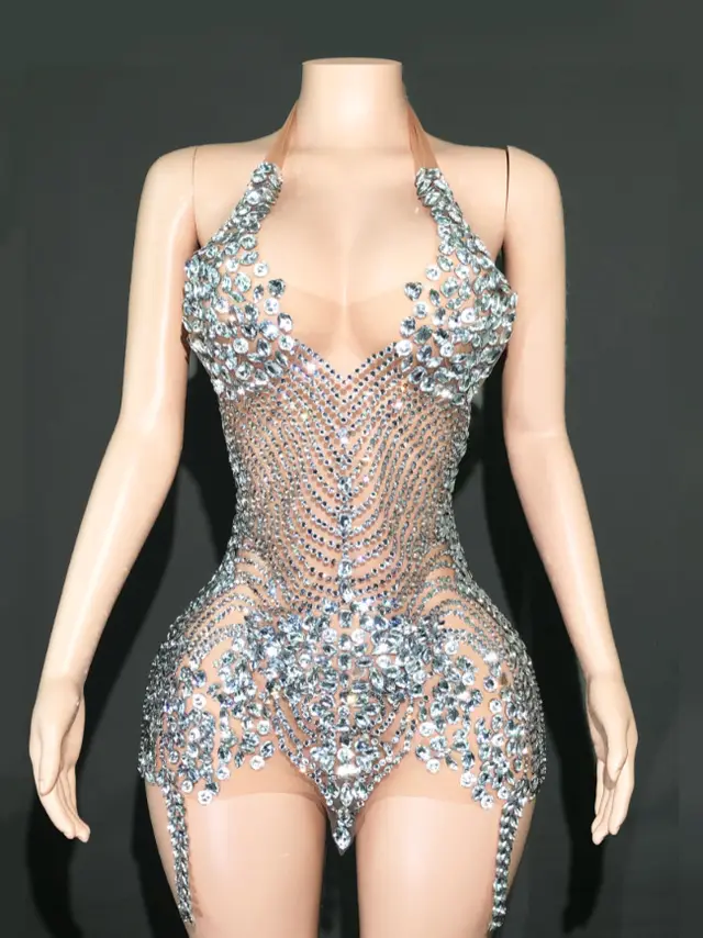 Performance Miniskirt Sexy Halter Sling Backless See through Hot Drilling Silver - Shop at LoveMi