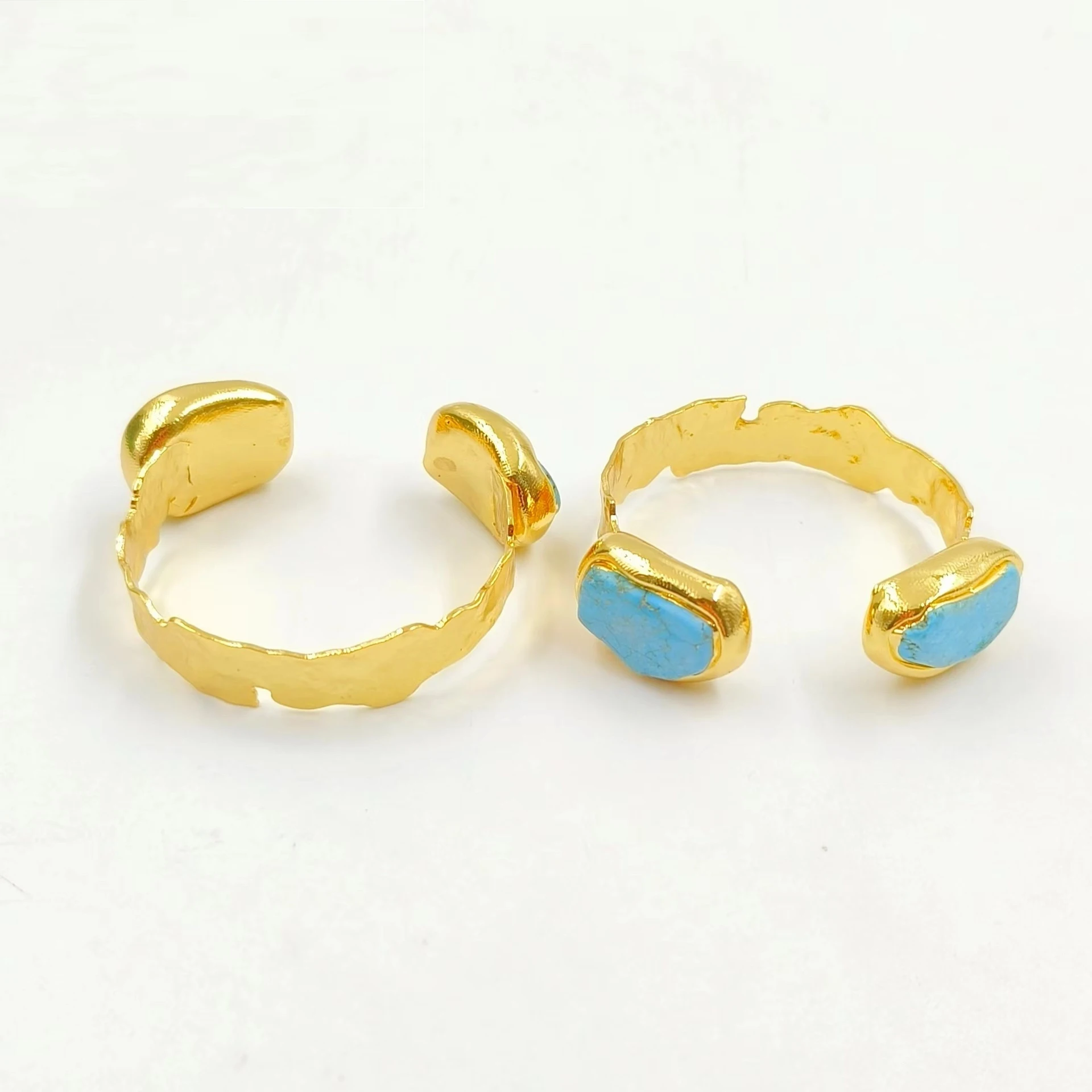 Classic Retro Green Turquoise Natural Stone Brass Gold-plated Open Bracelet - Turquoise