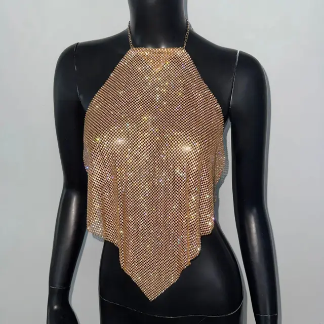 Metal Sequins Full Diamond Camisole Party Hot Girl Halter Vest Gold - Shop at LoveMi