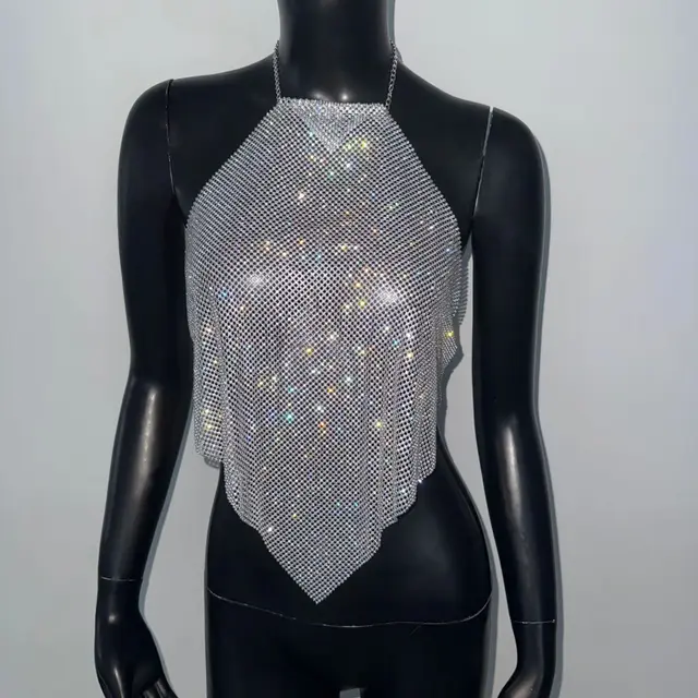 Metal Sequins Full Diamond Camisole Party Halter Vest Silver - Shop at LoveMi