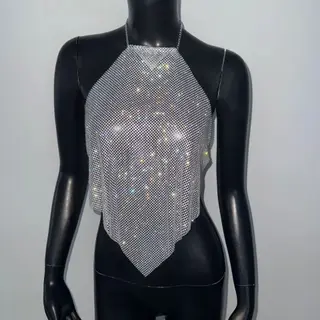 Metal Sequins Full Diamond Camisole Party Halter Vest - Silver