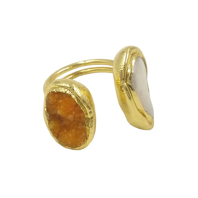 Artistic Retro Irregular Gravel British Pearl Adjustable Ring Yellow - Shop at LoveMi