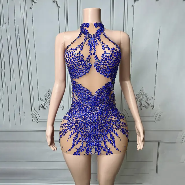 European And American Luxury Gold Diamand Temperament Tight Waist Short Gowns Blue - Shop at LoveMi