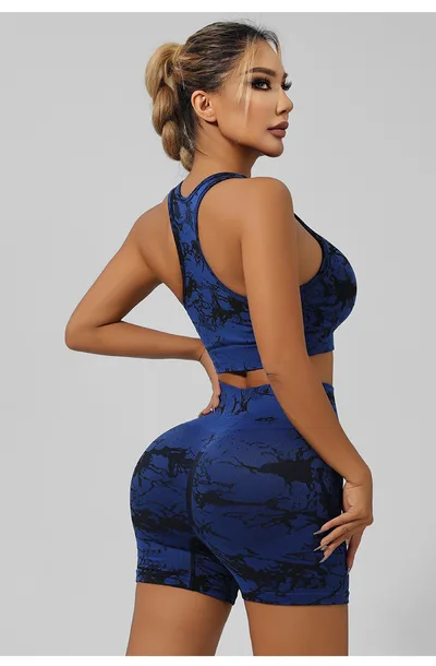 Polyester Women's Seamless Tie dye Yoga Clothes Outdoor Sports Blue Vest Shorts - Shop at LoveMi