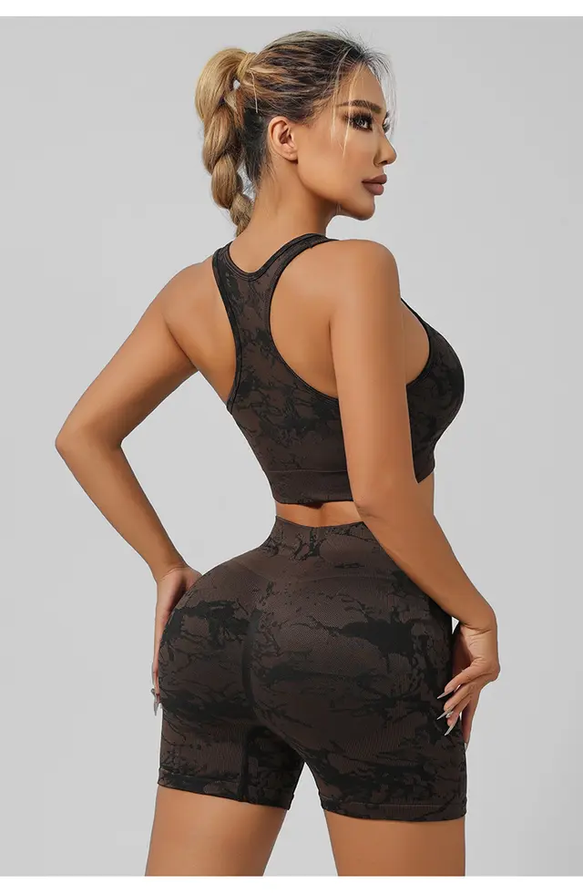 Polyester Women's Seamless Tie dye Yoga Clothes Outdoor Sports Dark Brown Vest Shorts - Shop at LoveMi