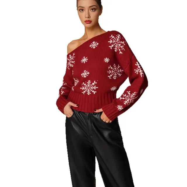 Snowflake Christmas Sweater For Women Pullover Boat Neck Red - Shop at LoveMi