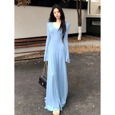 Knitted Women's Autumn And Winter Design Temperament Waist controlled Dress Light Blue - Shop at LoveMi