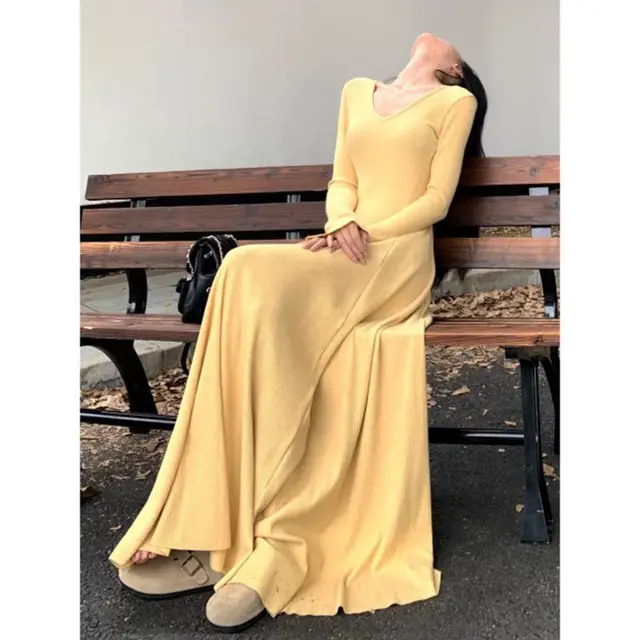 Knitted Women's Autumn And Winter Design Temperament Waist controlled Dress Yellow - Shop at LoveMi