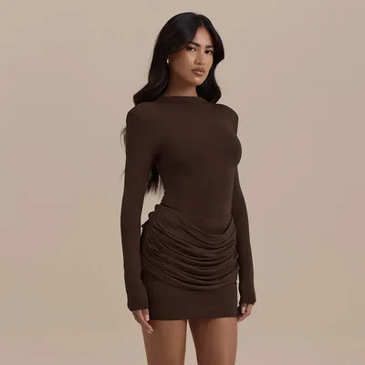Pleated Half turtleneck All match Long sleeved Dress Brown - Shop at LoveMi