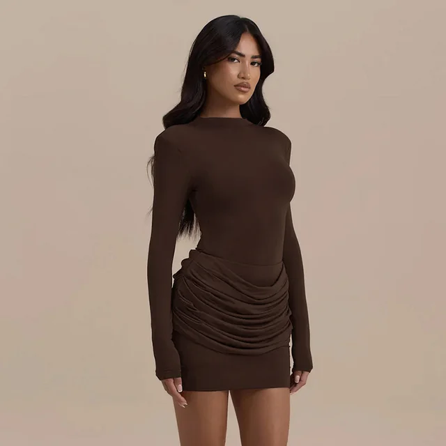 Pleated Half turtleneck All match Long sleeved Dress Brown - Shop at LoveMi