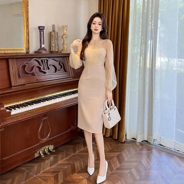 Ladies Graceful Puff Sleeve Slim fit Sheath Dress Champagne - Shop at LoveMi