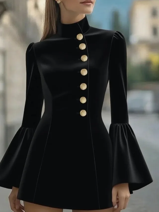 Solid Color Stand up Collar Flared Sleeves Business Suit And Dress Black - Shop at LoveMi