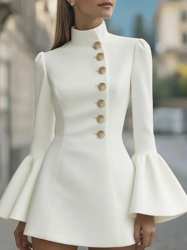Solid Color Stand up Collar Flared Sleeves Business Suit And Dress White - Shop at LoveMi