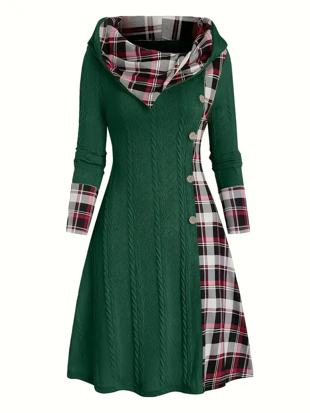 Women's Hooded Sunken Stripe Sweater Long Sleeve Leisure Pullover Dress Green - Shop at LoveMi
