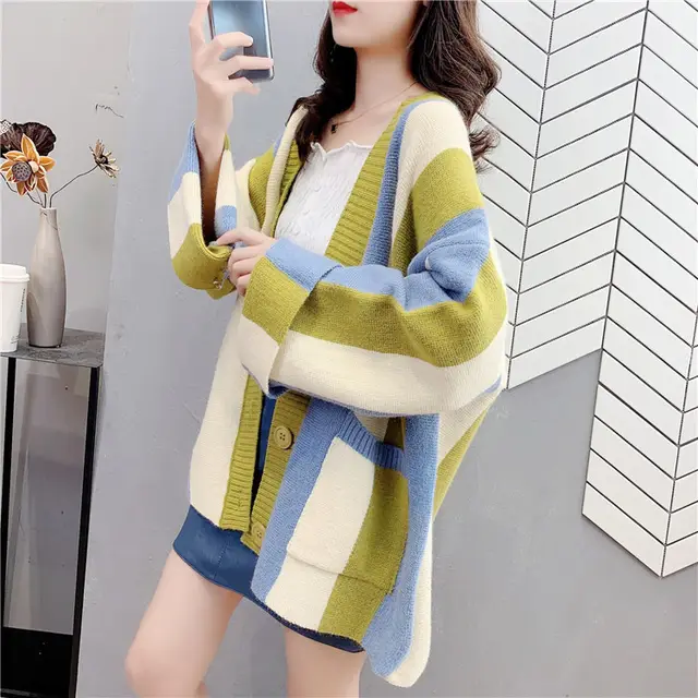 Striped Color Stitching Knitted Cardigan Sweater Coat For Women Blue And Yellow - Shop at LoveMi