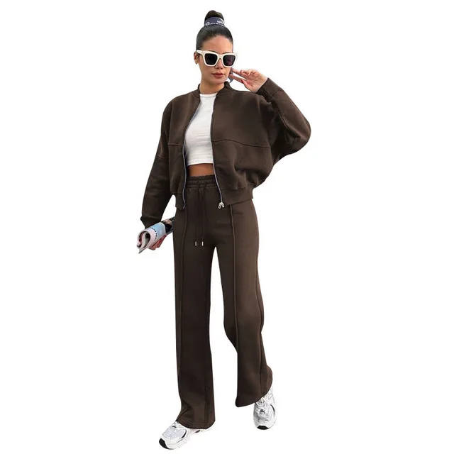 Fleece Zipper Cardigan Women's Clothes Fashion Casual Straight Pants Suit Brown - Shop at LoveMi