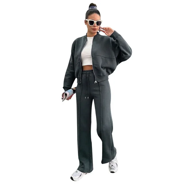 Fleece Zipper Cardigan Women's Clothes Fashion Casual Straight Pants Suit Dark Gray - Shop at LoveMi