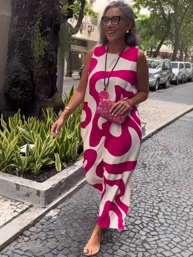 New V neck Printed Sleeveless Dress Casual Rose Red - Shop at LoveMi