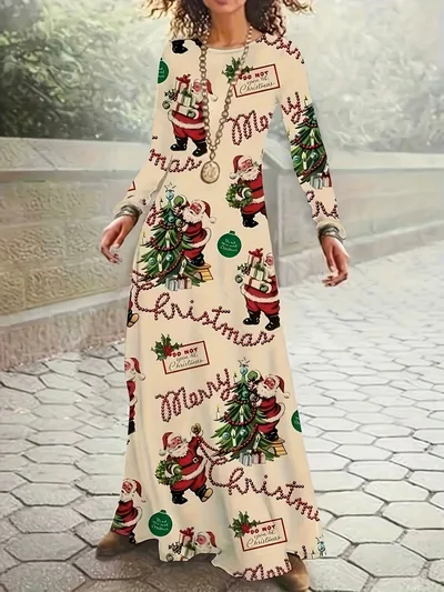 Santa Claus Printed Round Neck Long Sleeve Elegant Dress Beige - Shop at LoveMi