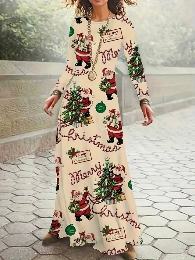 Santa Claus Printed Round Neck Long Sleeve Elegant Dress Beige - Shop at LoveMi