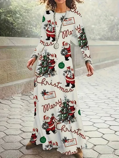 Santa Claus Printed Round Neck Long Sleeve Elegant Dress White - Shop at LoveMi