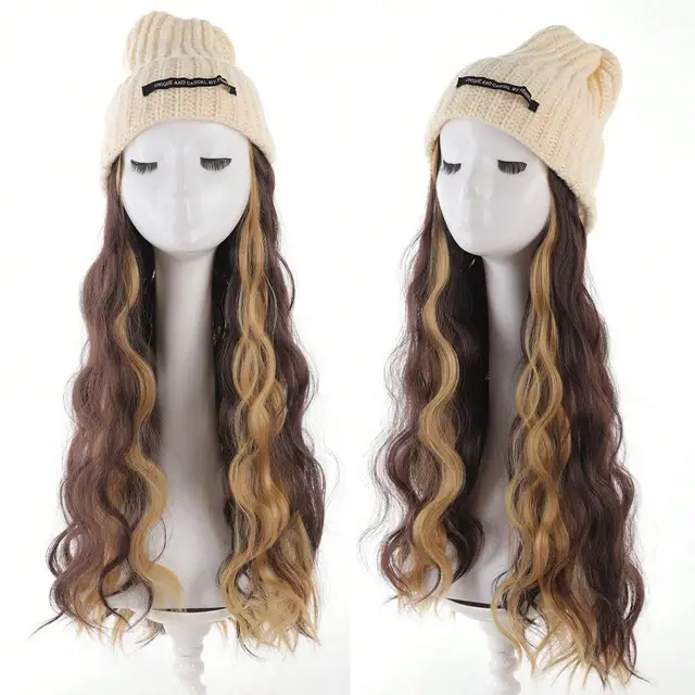 Hat Wig Long Curly Hair Female Hat Wig Big Wave White Hat 4H27 - Shop at LoveMi