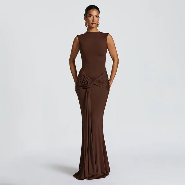 Round neck High Waist Sleeveless Ribbon Sheath Dress Brown - Shop at LoveMi