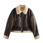 Women's Loose Long Sleeve Lamb Wool Splicing Coat - Brown