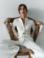 Zipper Slim Fit Top Stand Collar High Waist Trendy Long-sleeve Sweater Bottoming - White