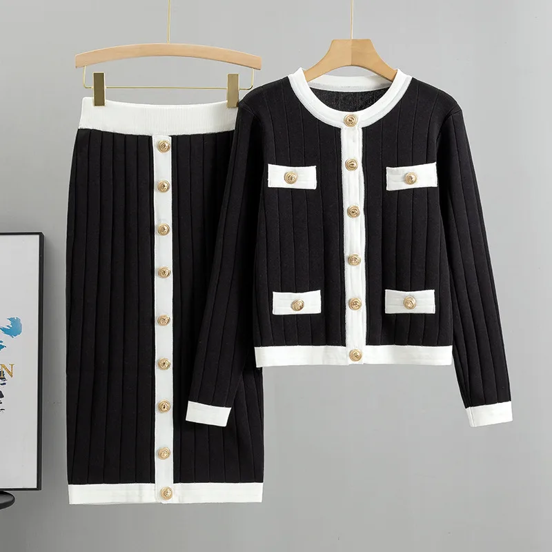 Skirt Knitted Cardigan Two-piece Set Dress For Women Autumn And Winter - Black