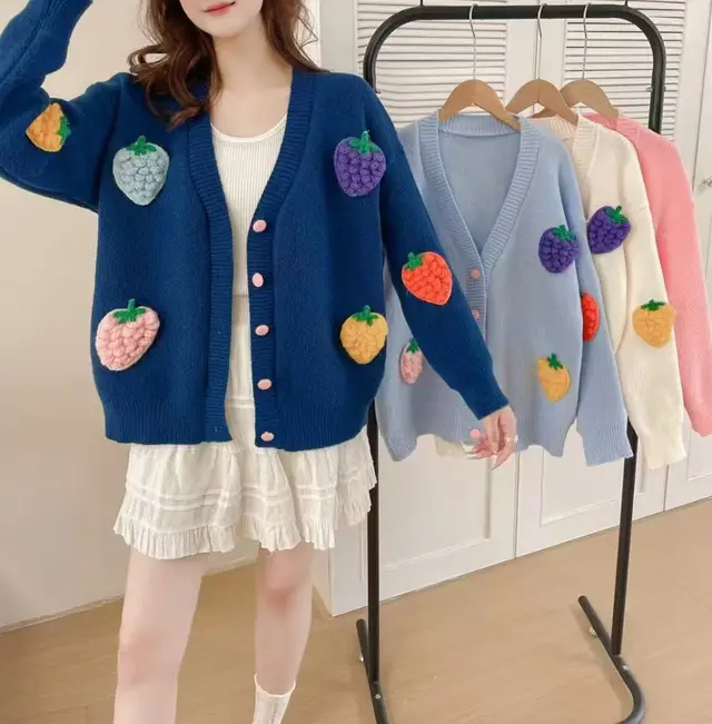 Handmade Embroidery High end Cardigan Korean Style Design Heavy Work Sweater Navy Blue - Shop at LoveMi