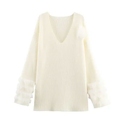 Casual V neck Cuff Furry Knitted Dress White - Shop at LoveMi