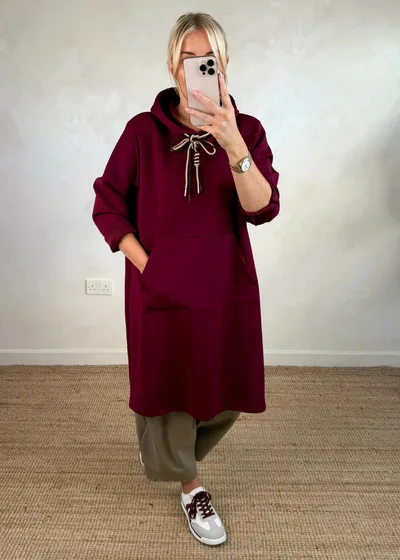 Women's Loose Oversized Knit Solid Color Hooded Maxi Dress Wine Red - Shop at LoveMi