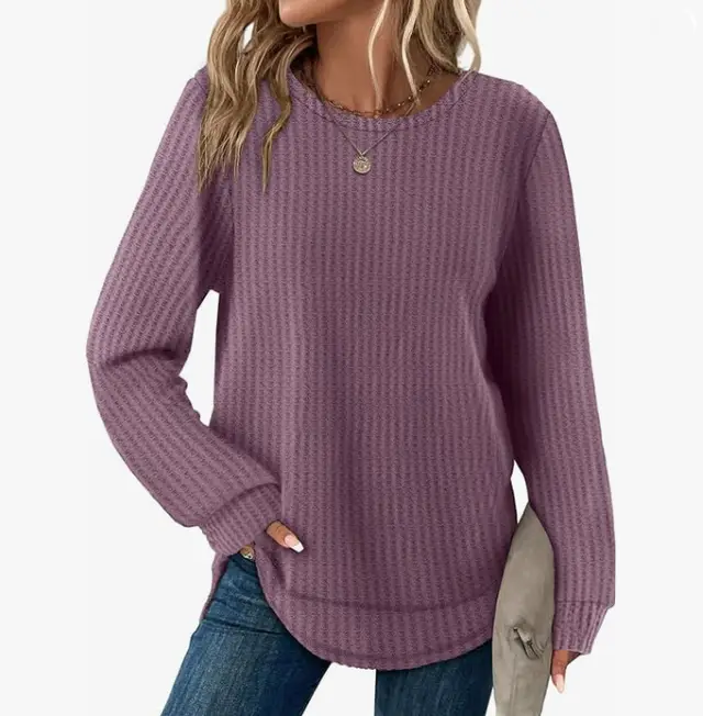 Waffle Loose Round Neck High And Low Curved Hem Top Dark Purple - Shop at LoveMi