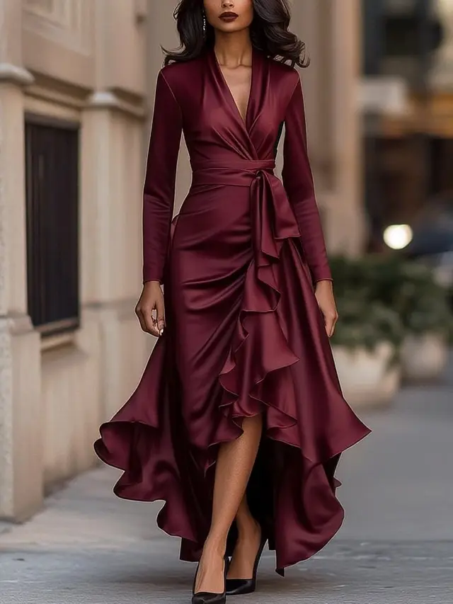 V neck Waist Trimming Ruffles Elegant Dress Wine Red - Shop at LoveMi