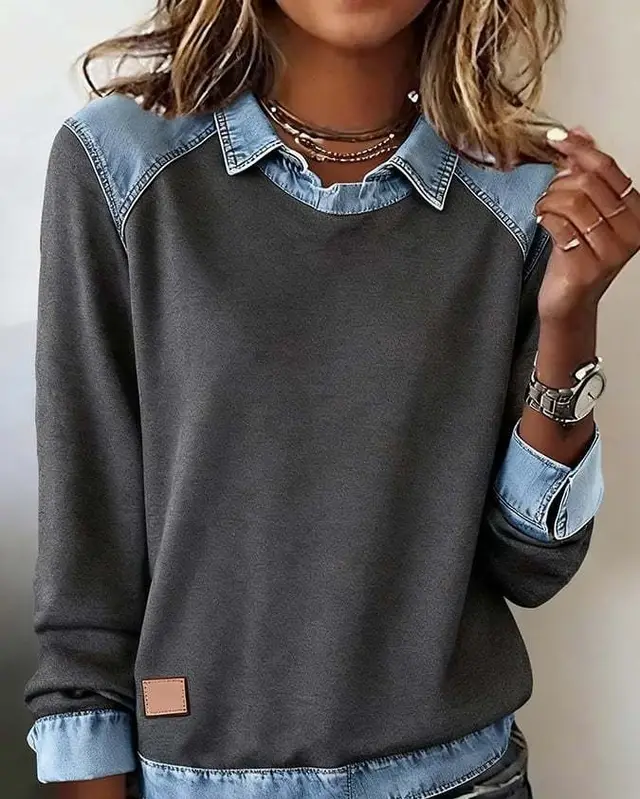 Denim Collar Long Sleeve Pullover Patchwork Knitwear Top 1Style Dark Gray - Shop at LoveMi