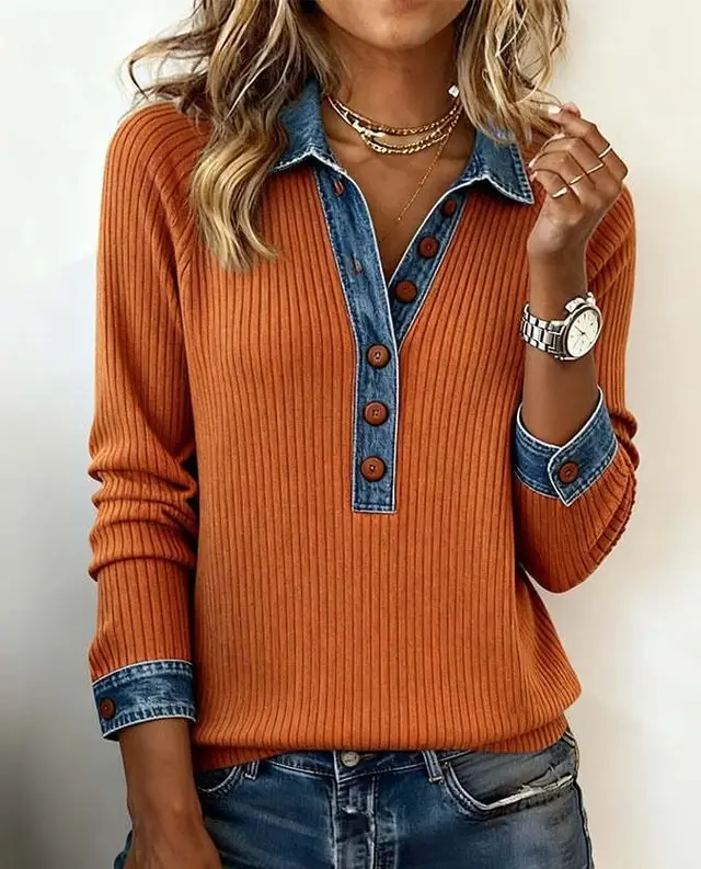 Denim Collar Long Sleeve Pullover Patchwork Knitwear Top 2Style Orange - Shop at LoveMi