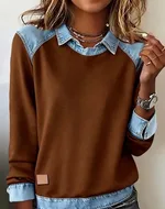 Denim Collar Long Sleeve Pullover Patchwork Knitwear Top - Brown