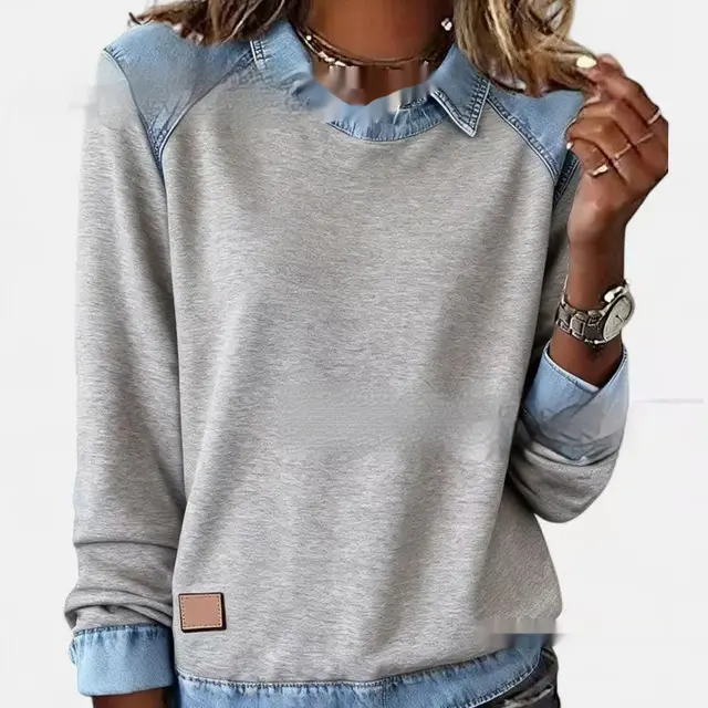 Denim Collar Long Sleeve Pullover Patchwork Knitwear Top Silver Gray - Shop at LoveMi